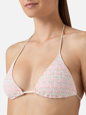 Bikini Levyne triangle in raschel fabric with pink and cream floral print