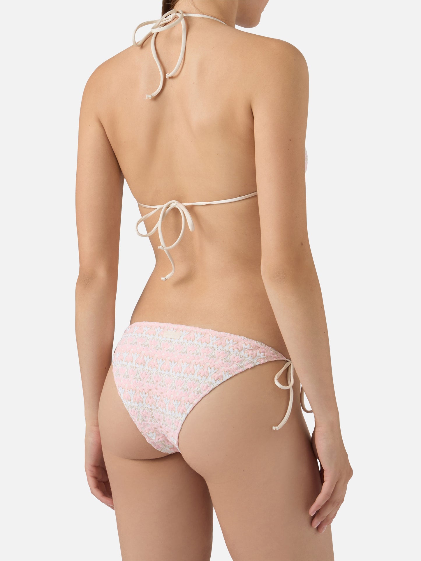 Bikini Levyne triangle in raschel fabric with pink and cream floral print