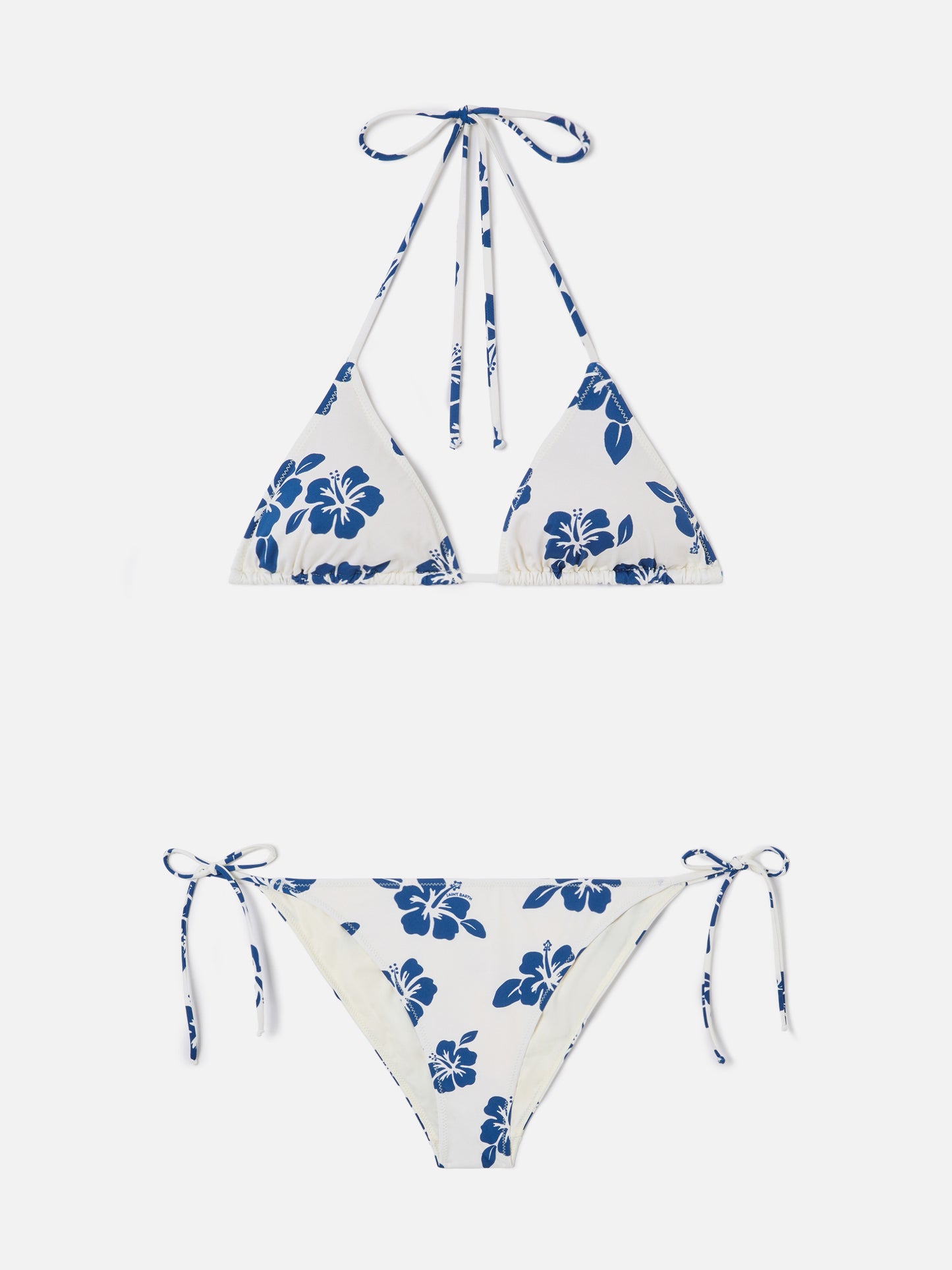 Bikini Levyne de triángulo en tejido elástico con estampado de hibiscos azules 