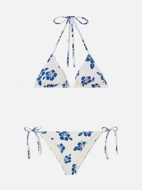 Bikini Levyne de triángulo en tejido elástico con estampado de hibiscos azules 