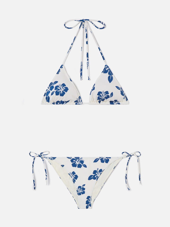 Bikini Levyne triangle in stretch fabric with blue hibiscus print