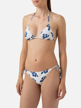 Bikini Levyne de triángulo en tejido elástico con estampado de hibiscos azules 