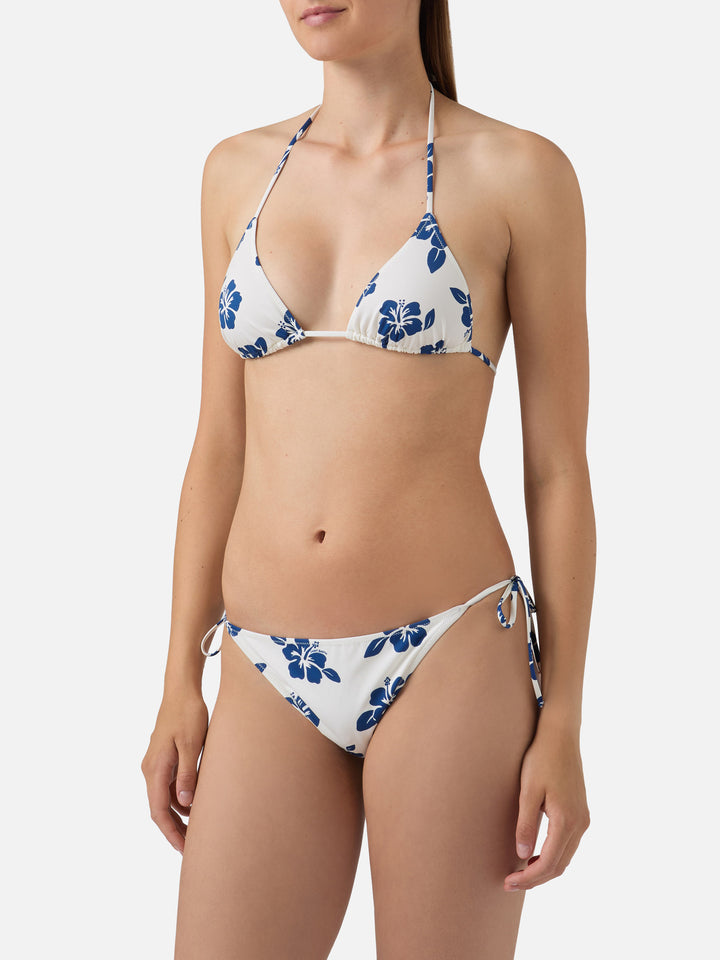 Bikini Levyne triangle in stretch fabric with blue hibiscus print