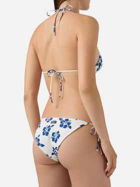 Bikini Levyne de triángulo en tejido elástico con estampado de hibiscos azules 