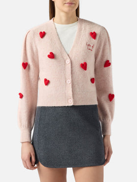 Woman brushed cropped cardigan with puff sleeves