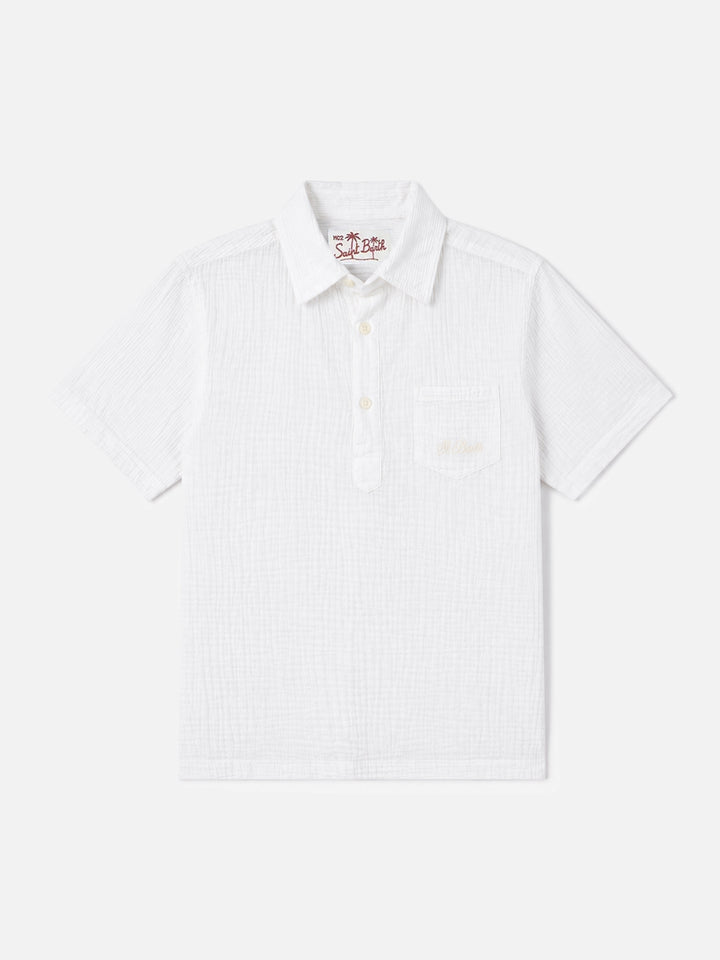 Chalk white Madeira crinkled cotton polo shirt