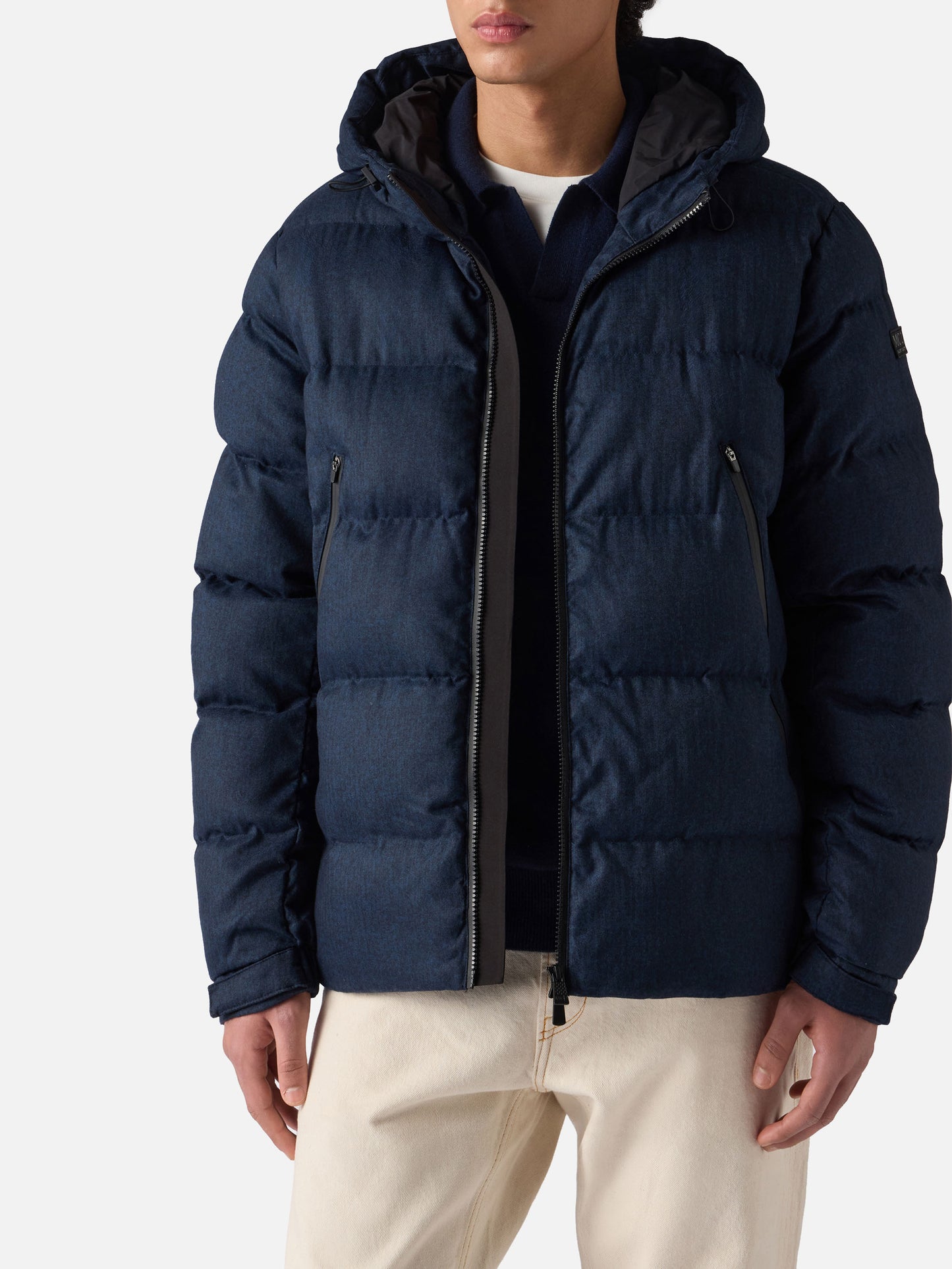 Man navy blue flannel hooded puffer jacket Maier