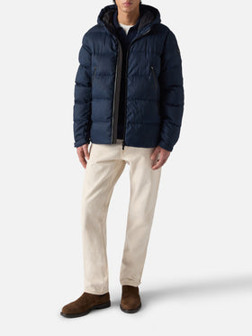 Man navy blue flannel hooded puffer jacket Maier