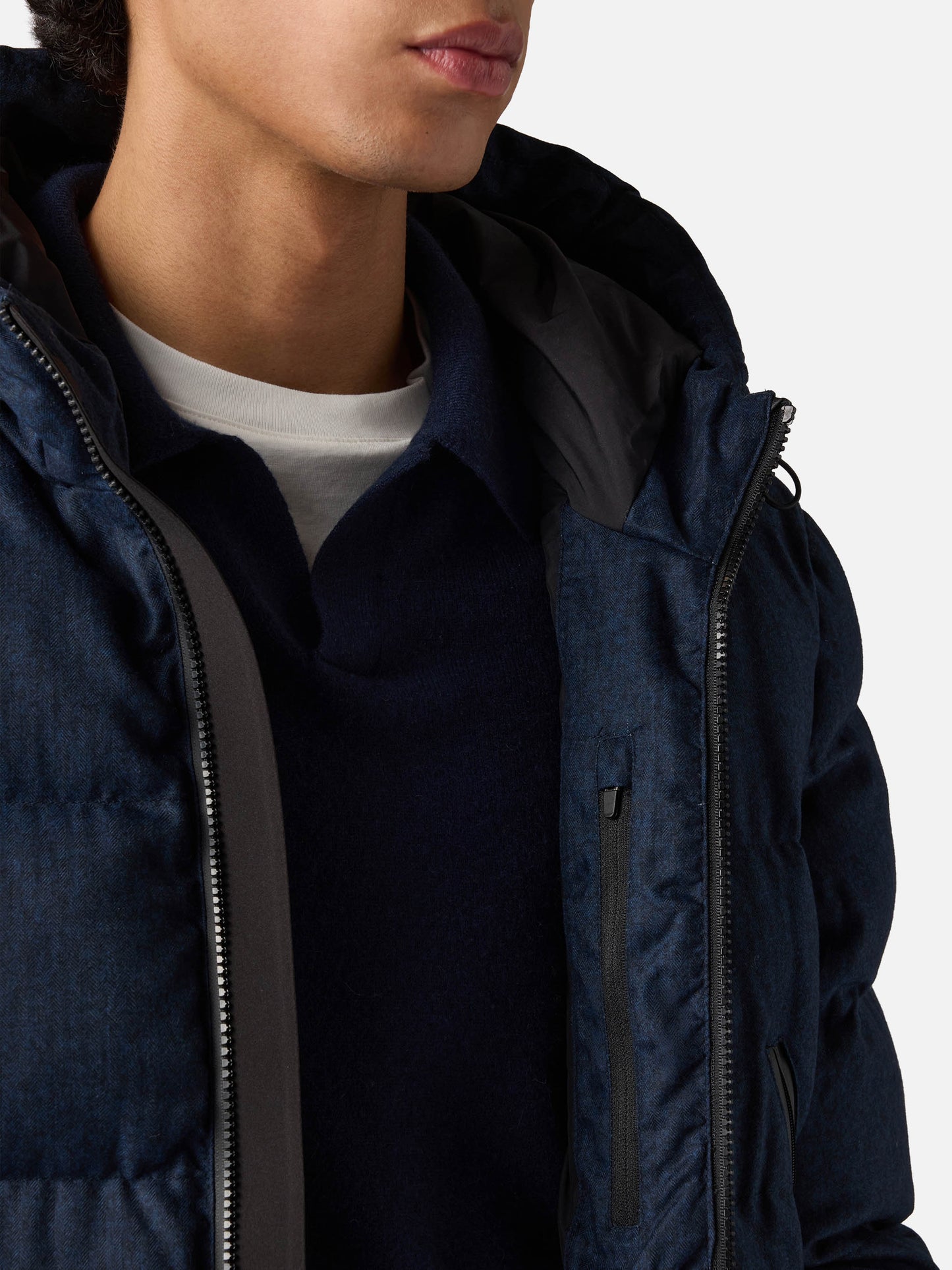 Man navy blue flannel hooded puffer jacket Maier