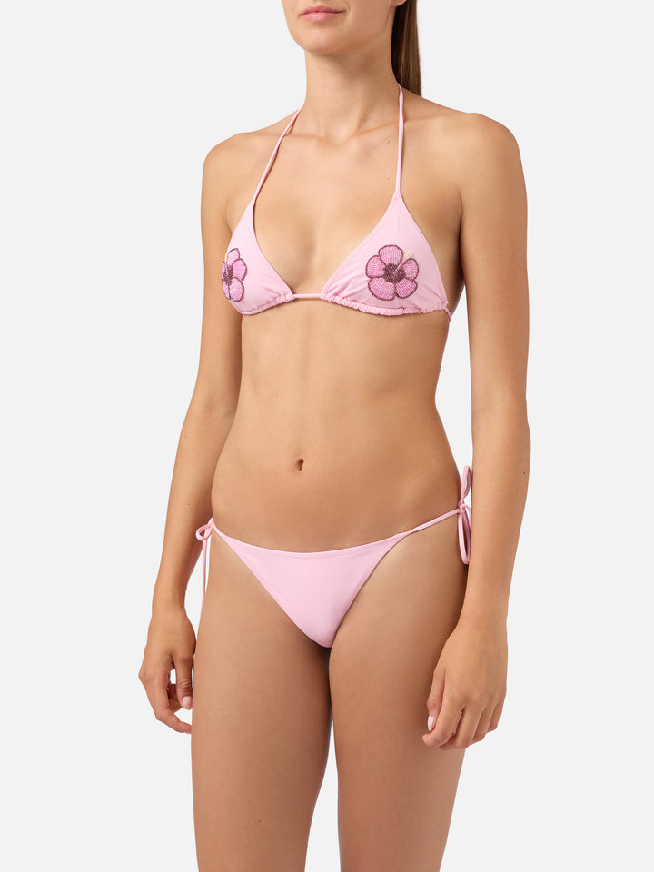 Bikini Maleah de triángulo en rosa con adornos florales de cuentas 