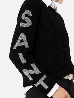 Malmo black cable knit sweater with lurex logo