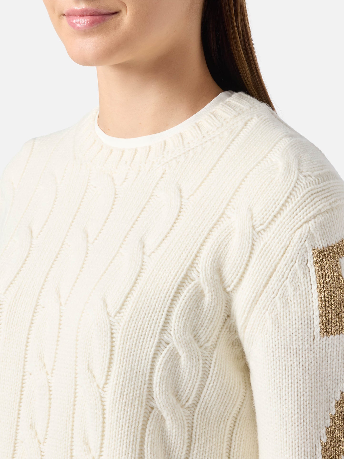 Maglione a trecce Malmo in misto cashmere bianco con jacquard St. Barth sulle maniche