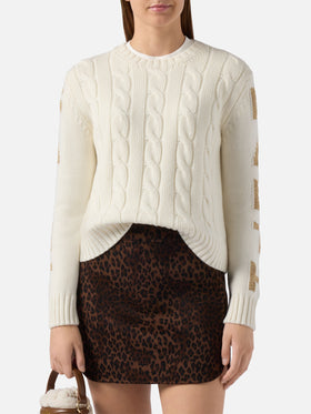Maglione a trecce Malmo in misto cashmere bianco con jacquard St. Barth sulle maniche