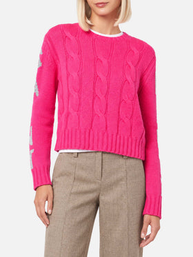 Fluopinker geflochtener Malmo-Pullover mit Lurex-Jacquard 
