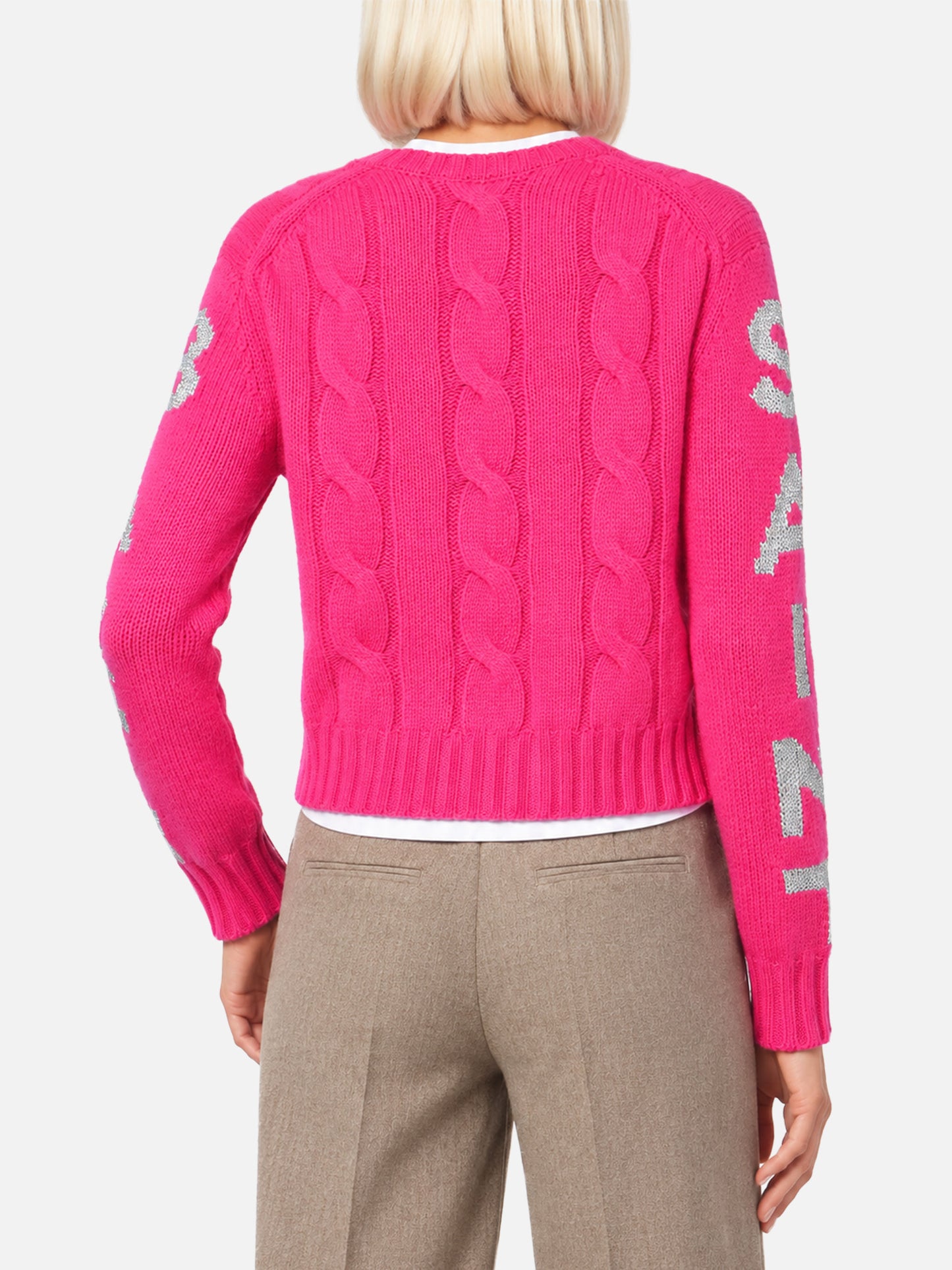 Fluopinker geflochtener Malmo-Pullover mit Lurex-Jacquard 