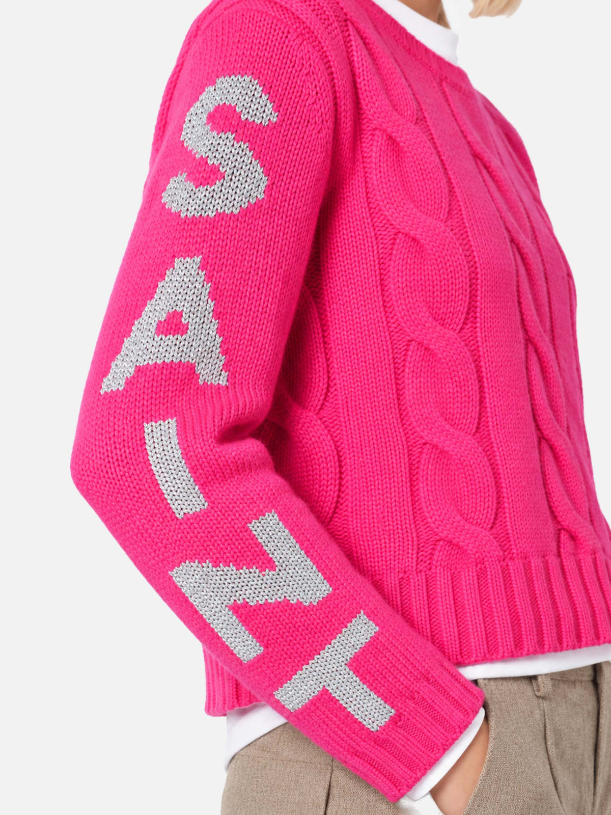 Fluopinker geflochtener Malmo-Pullover mit Lurex-Jacquard 