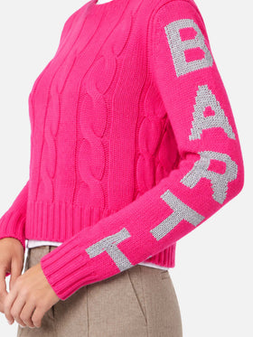 Fluopinker geflochtener Malmo-Pullover mit Lurex-Jacquard 