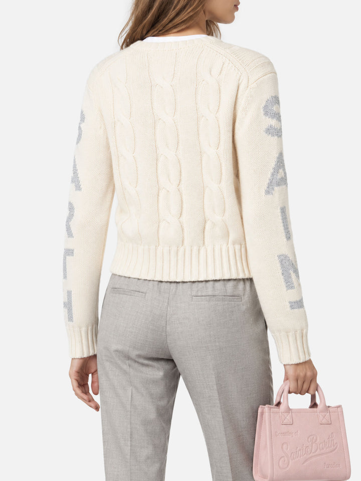 Suéter de cuello redondo Malmo blanco trenzado con detalles de lurex 