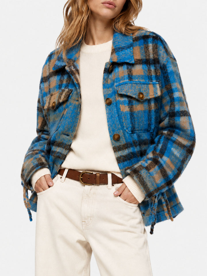 Marceline overshirt jacket with fringes and tartan pattern