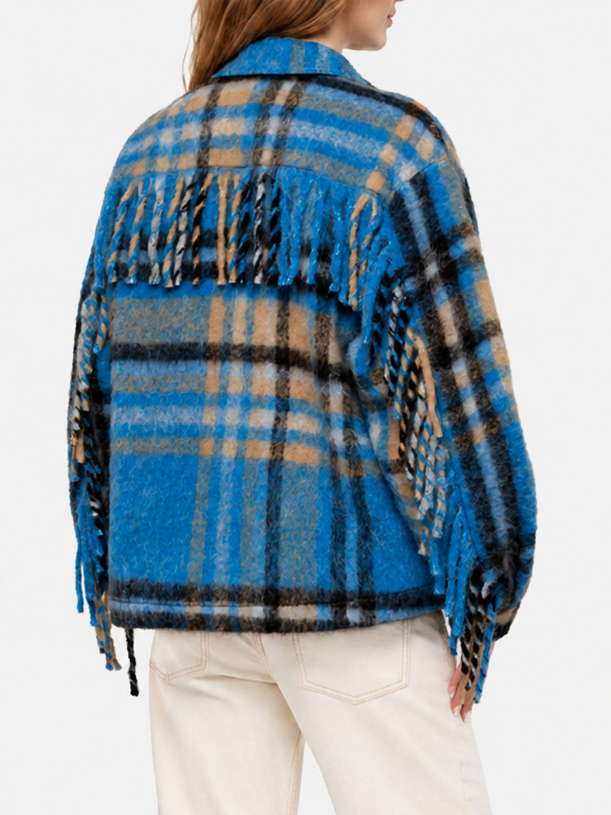 Marceline overshirt jacket with fringes and tartan pattern