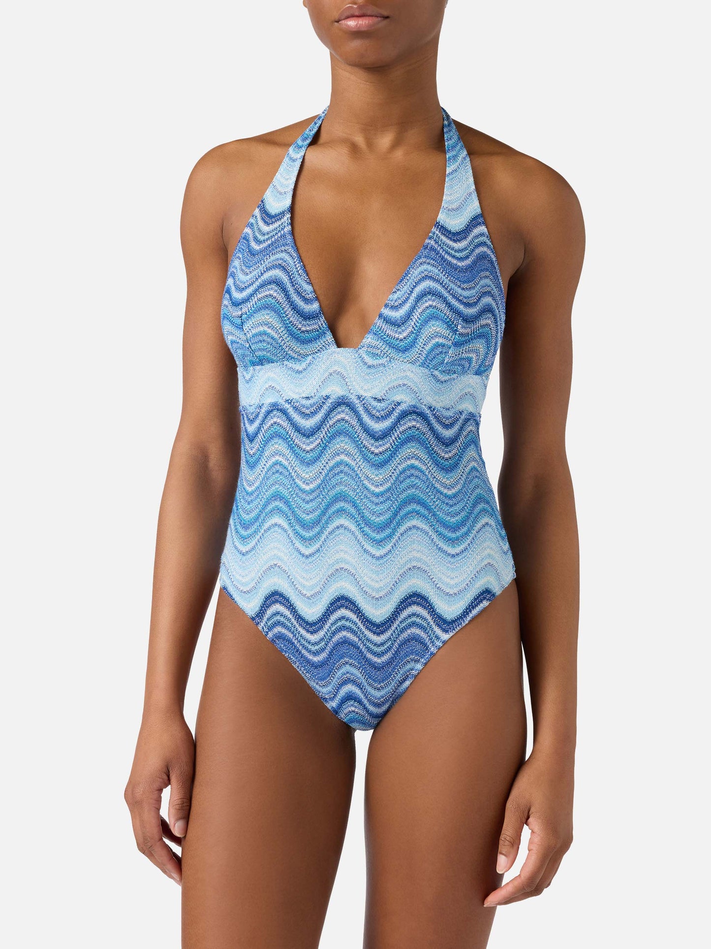 Marylin one-piece swimsuit in light blue degradé raschel fabric