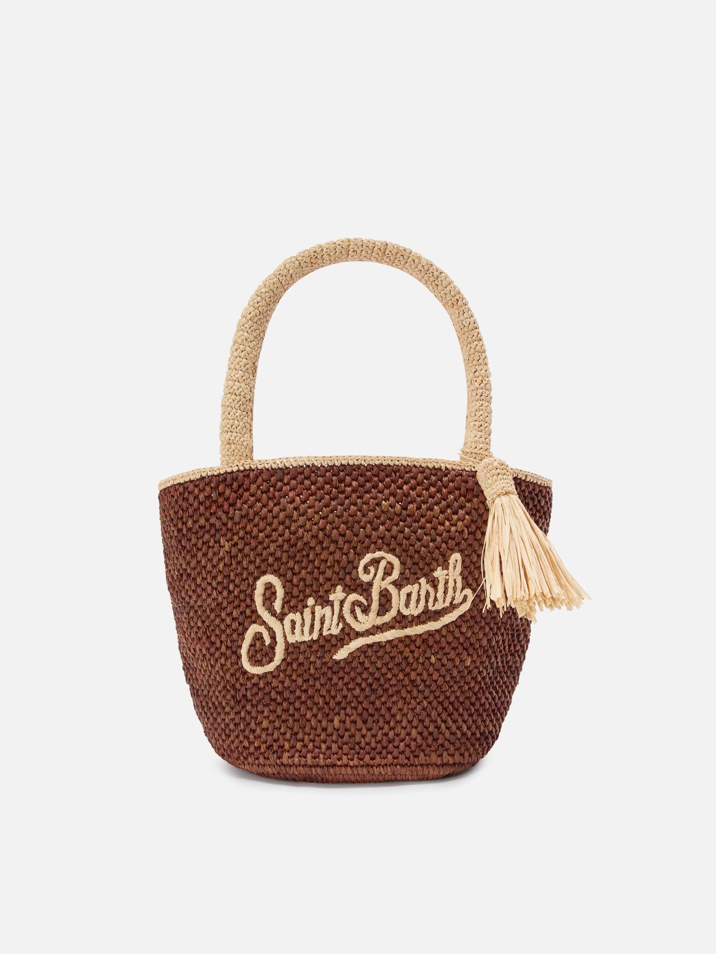 Brown Marcy raffia bag with tassel and embroidered logo