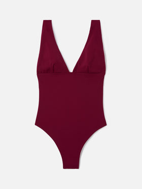 Mavi one-piece swimsuit with deep V neckline in solid bordeaux
