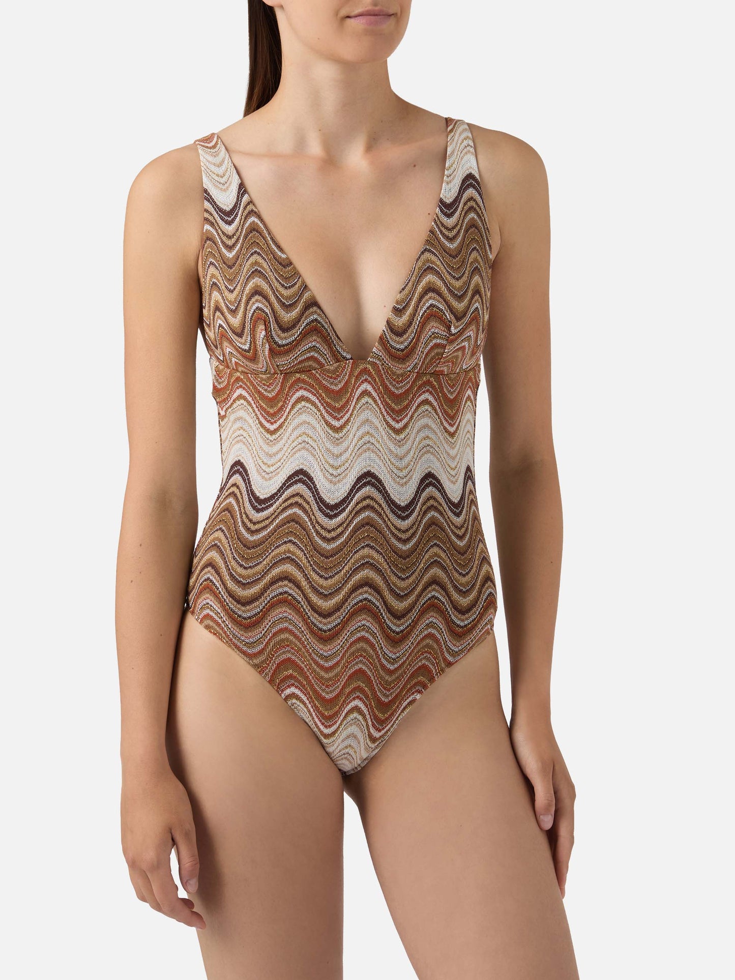Mavi one-piece swimsuit in brown degradé raschel fabric