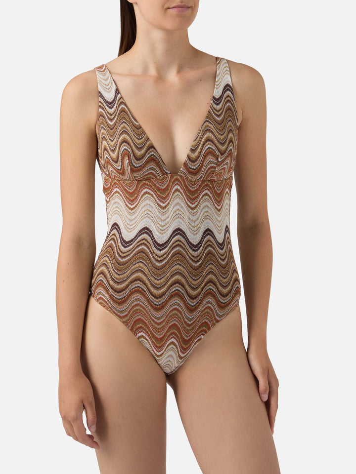 Mavi one-piece swimsuit in brown degradé raschel fabric