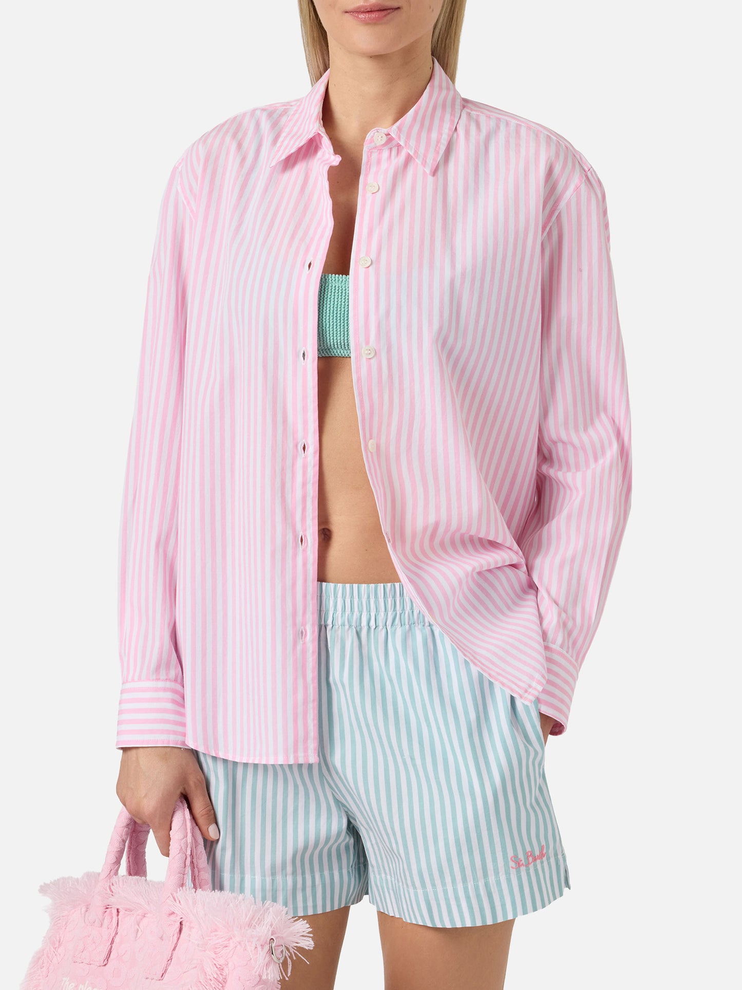 Camisa de algodón Meredith con rayas rosas y bordado Saint Barth 