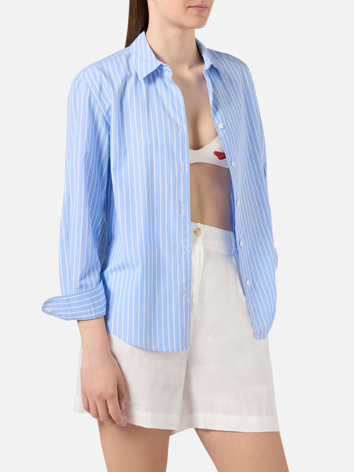 Meredith cotton shirt with light blue stripes and St. Barth Queen embroidery