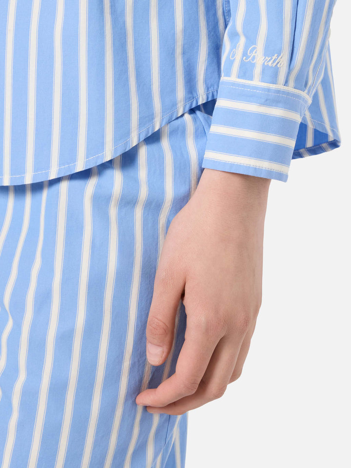 Meredith cotton shirt with light blue stripes and Saint Barth embroidery