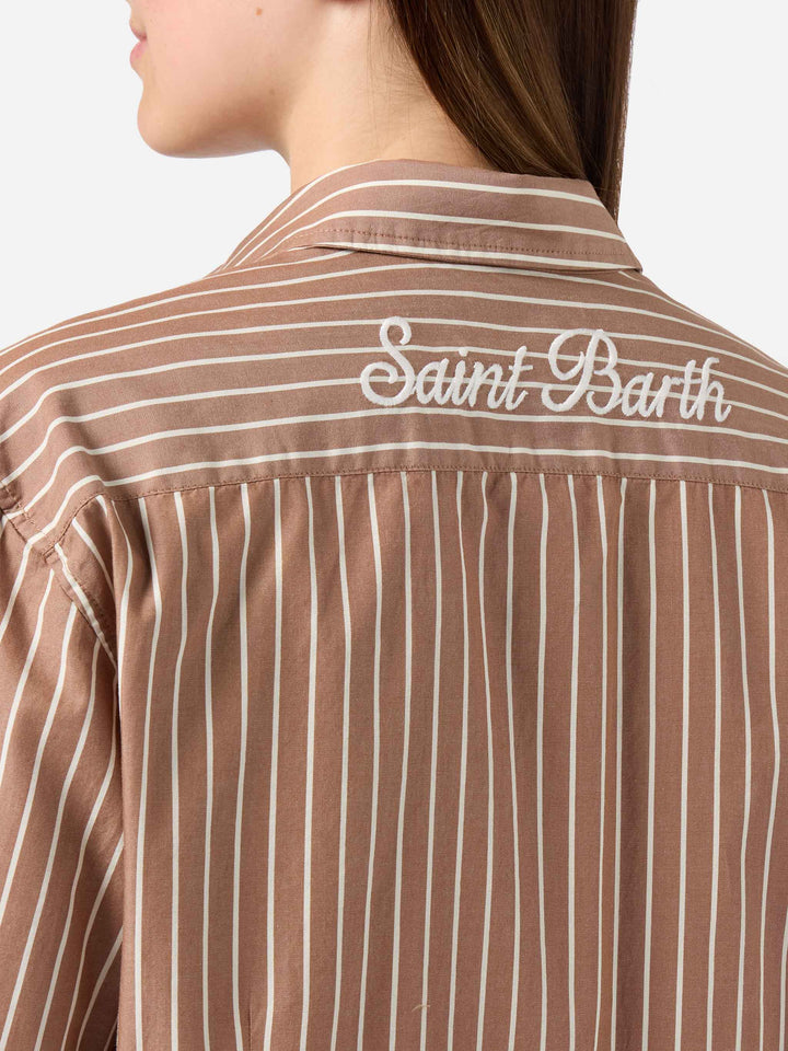 Meredith cotton shirt with brown stripes and Saint Barth embroidery