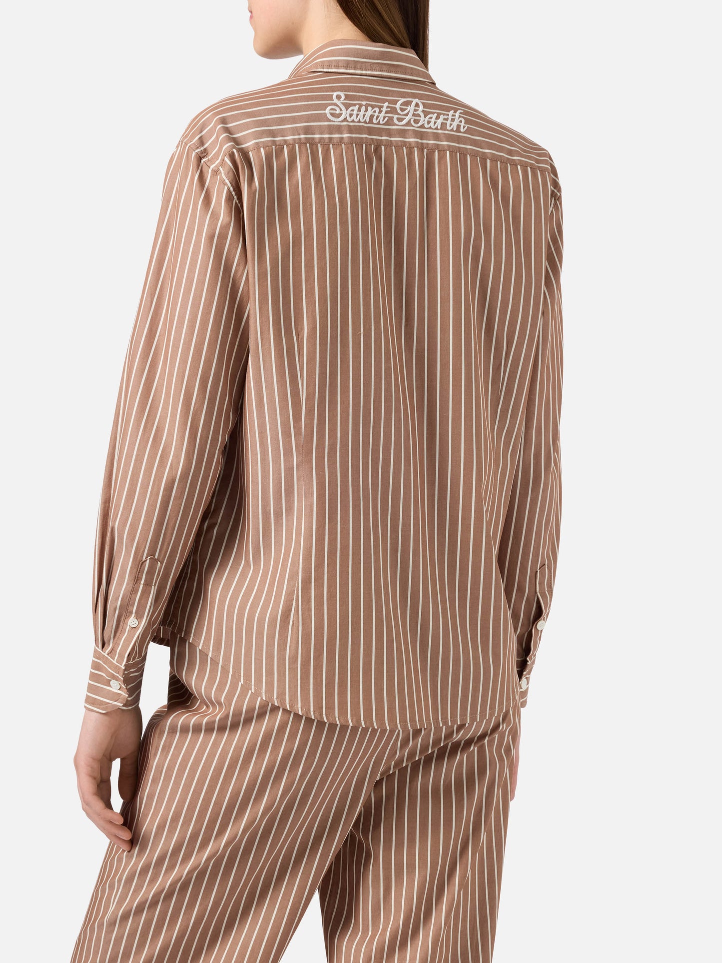 Camisa Meredith de algodón con rayas marrones y bordado Saint Barth 