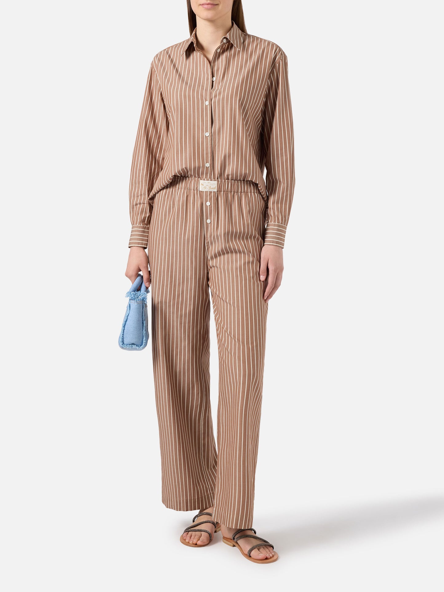 Camisa Meredith de algodón con rayas marrones y bordado Saint Barth 