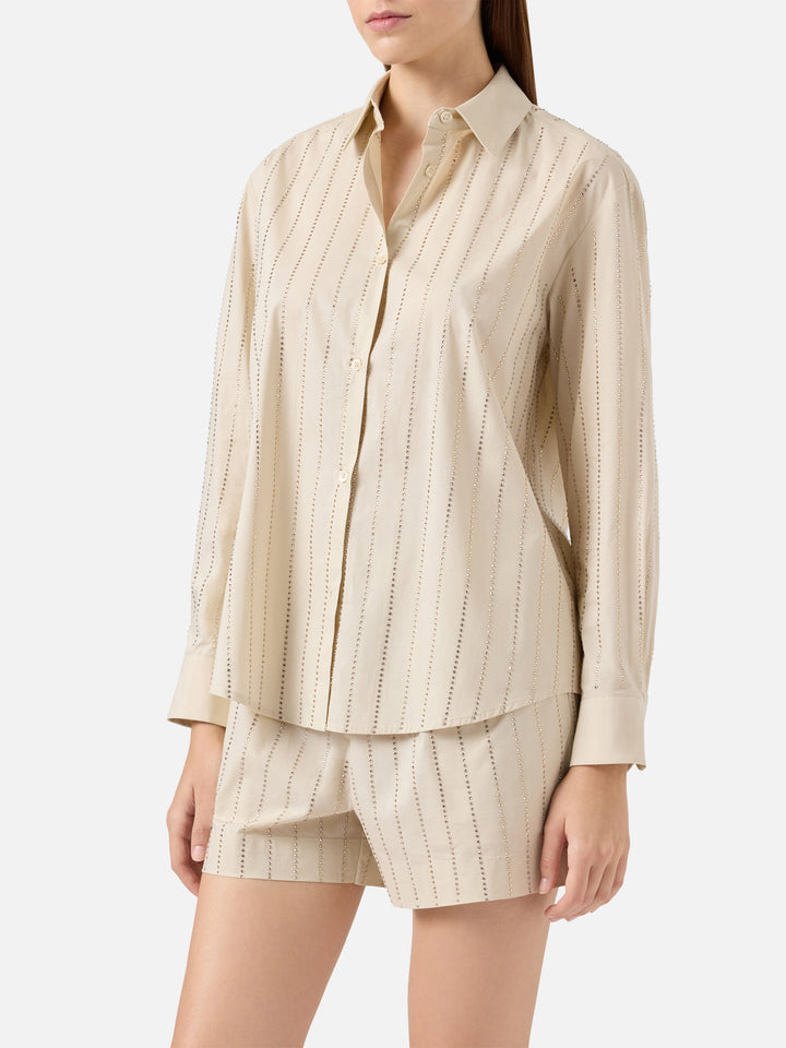 Camicia classica in popeline di cotone Meredith con decorazione rigata in strass