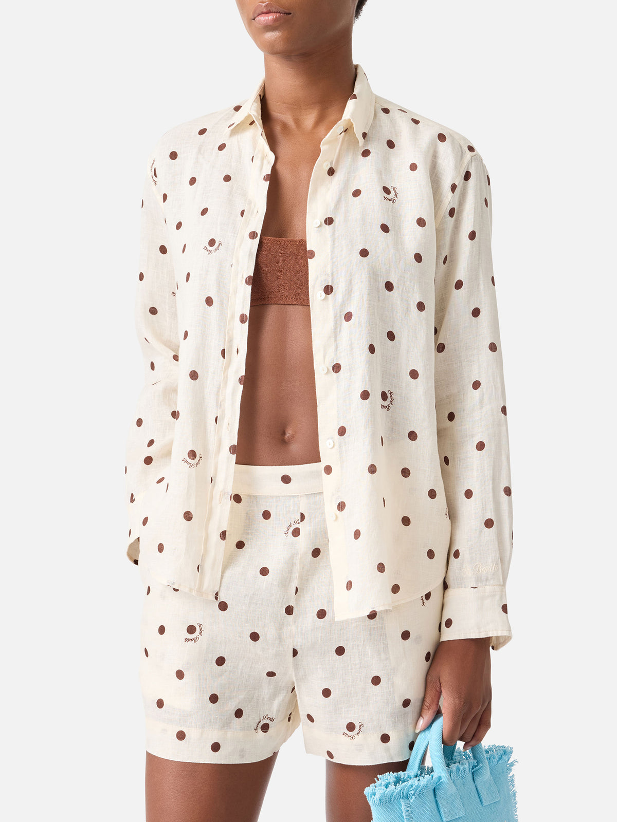 Camicia Meredith in lino a pois marroni con ricamo Saint Barth