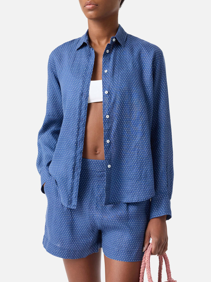 Meredith linen shirt with polks dots and Saint Barth embroidery