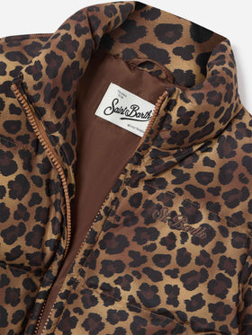 Piumino Maddy marrone in tessuto teddy con motivo leopardo
