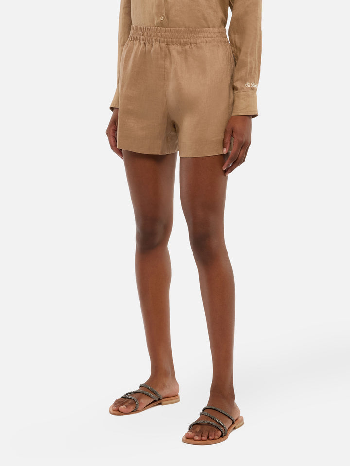 Meave shorts pull up in lino color marrone cammello