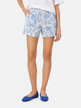 White Meave linen shorts with paisley print