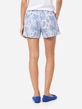 White Meave linen shorts with paisley print