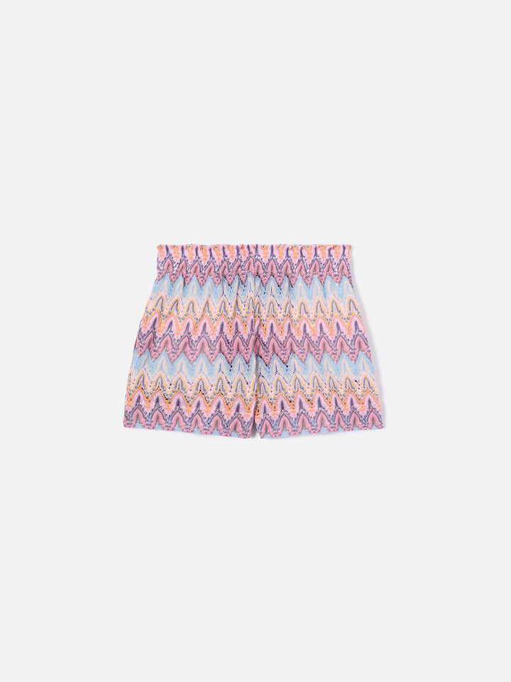 Short Meave Jr in maglia raschel con motivo fiamma pastello