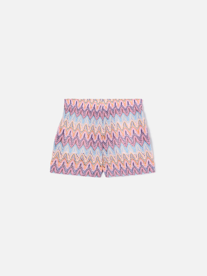 Short Meave Jr in maglia raschel con motivo fiamma pastello