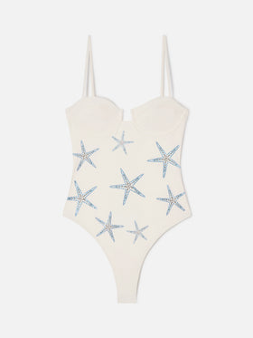 Medea ivory one-piece swimsuit with starfish embroidery