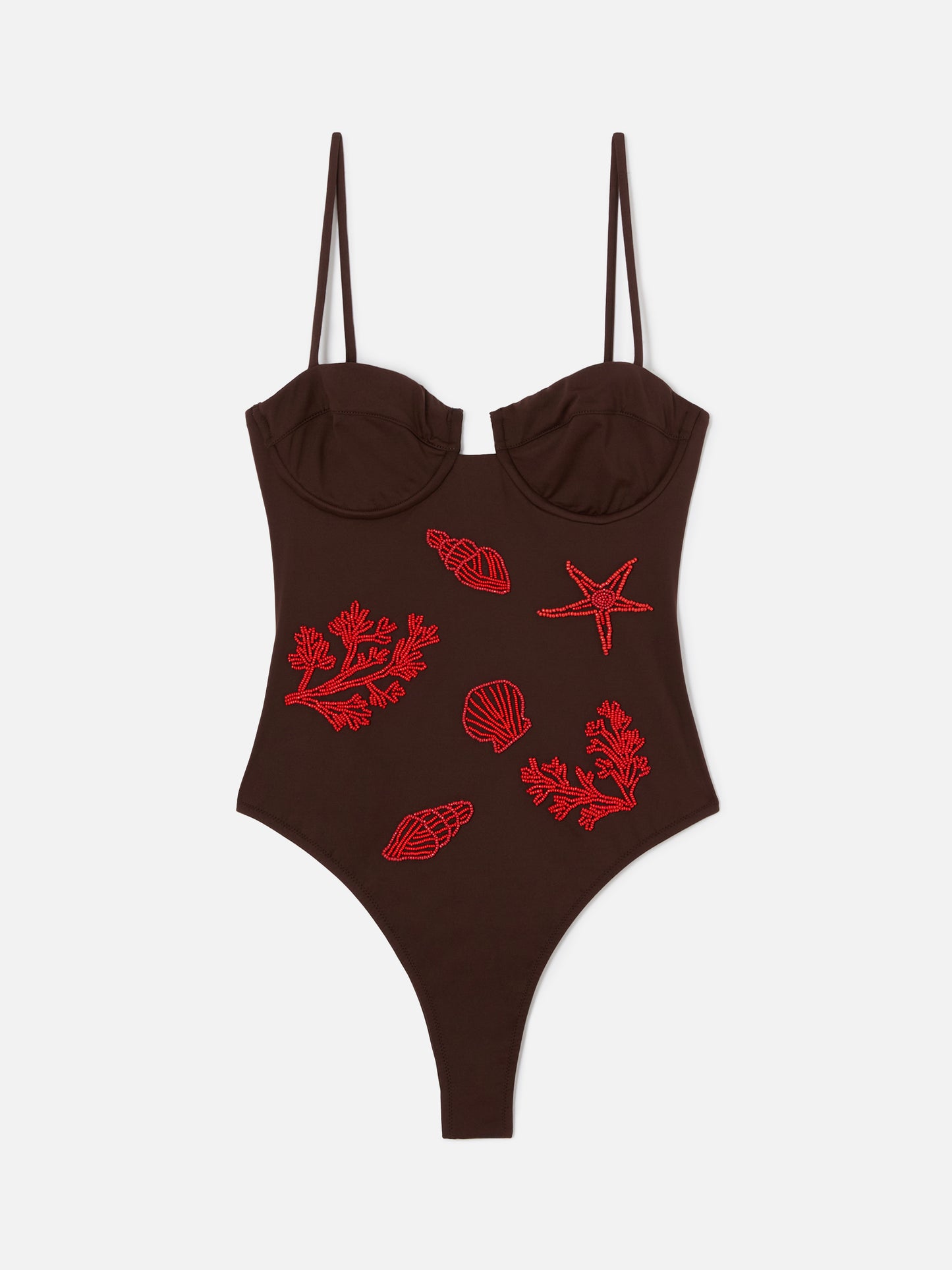 Maillot de bain une-pièce Medea marron avec décorations en perles sur le thème marin 