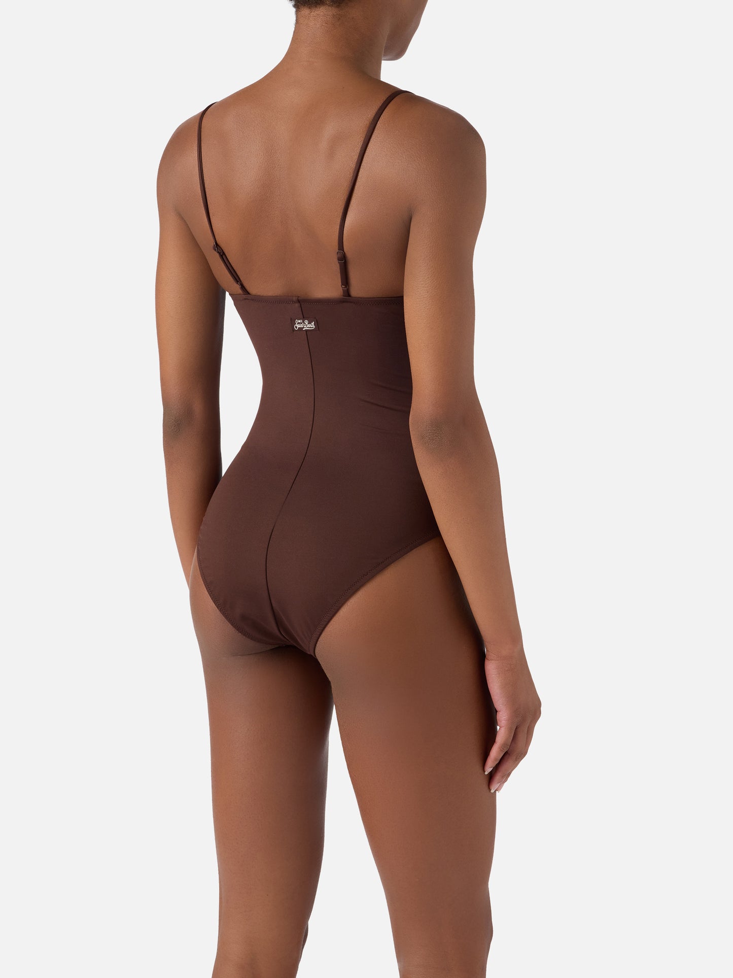 Maillot de bain une-pièce Medea marron avec décorations en perles sur le thème marin 