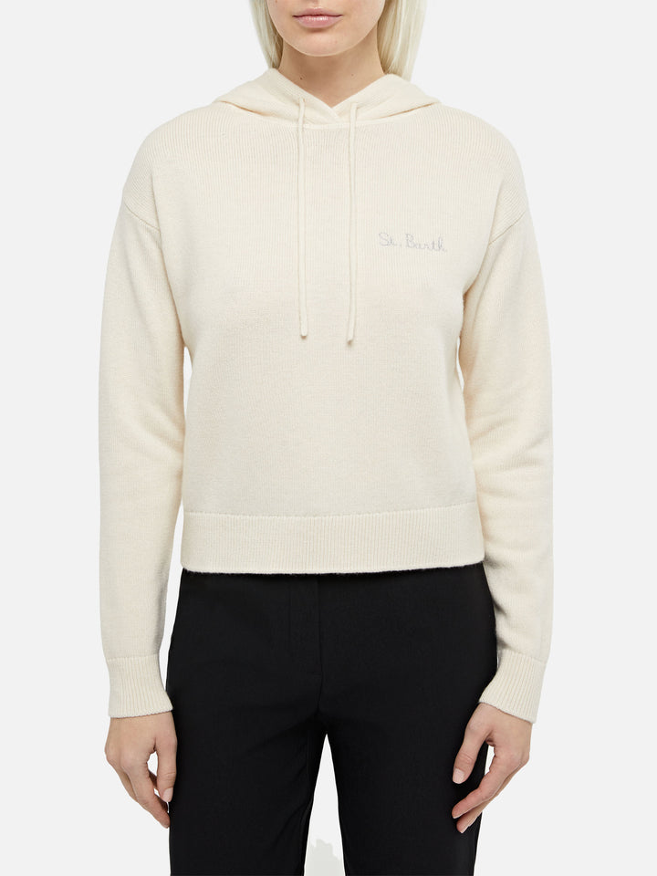 Woman off-white cashmere blend knitted hoodie Meg - MC2 Saint Barth