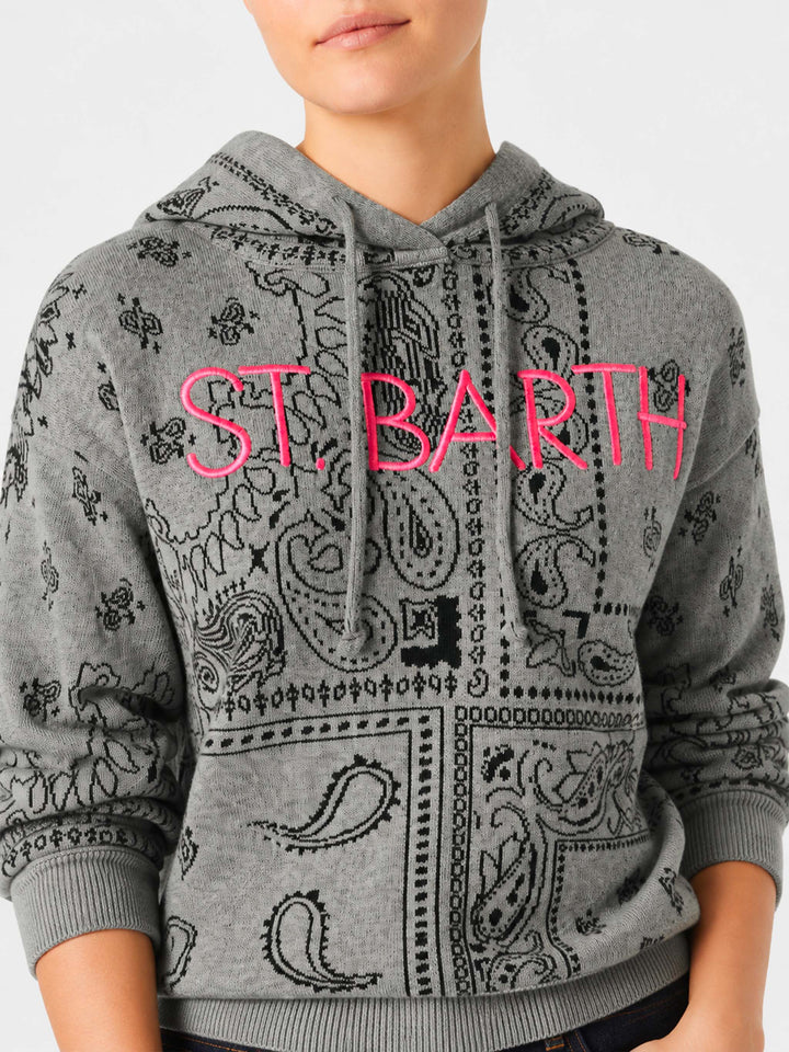 Grey Meg cropped hoodie in blended cashmere with bandana print