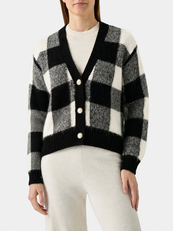 Megeve black and white vichy short cardigan with jewel buttons